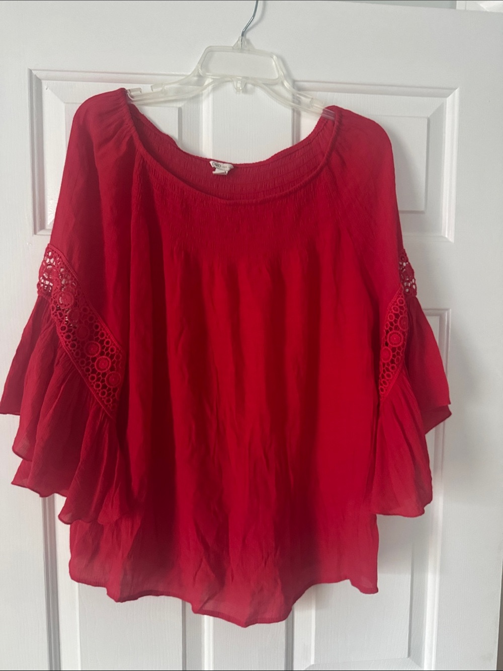 Red Women's Topwith Crochet Sleeve Detail